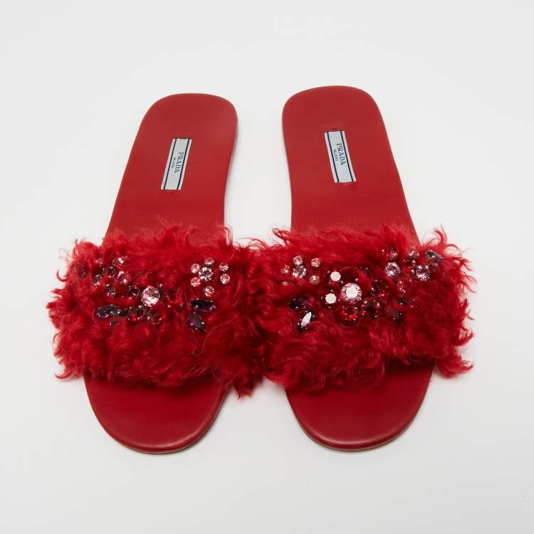 Pre Owned Prada Red Fur Crystal Embellished Flat Slides Size 40
