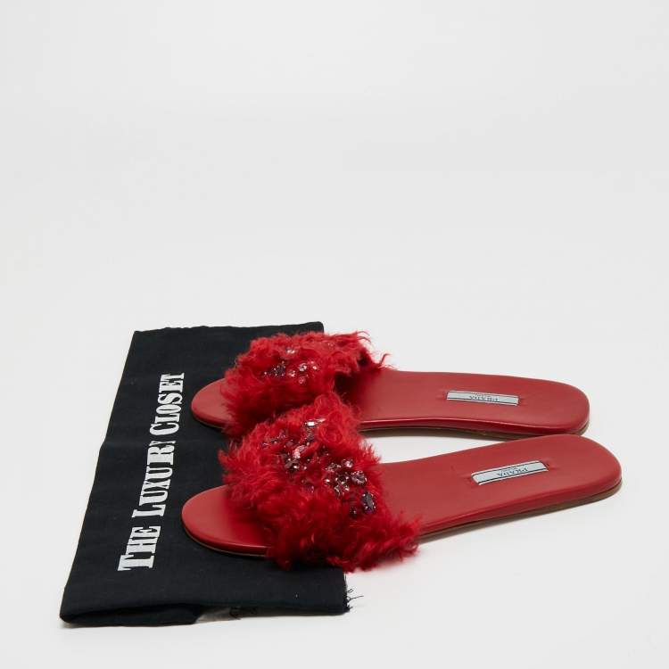 Pre Owned Prada Red Fur Crystal Embellished Flat Slides Size 40