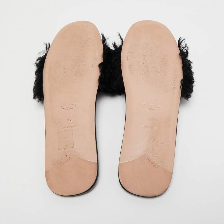 Pre Owned Prada Black Fur Crystal Embellished Flat Slides Size 40 