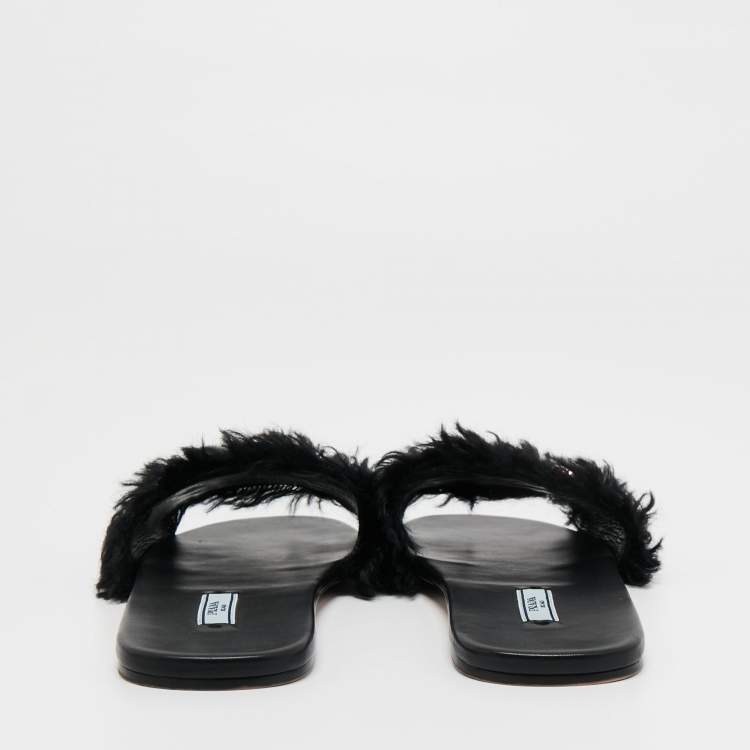 Pre Owned Prada Black Fur Crystal Embellished Flat Slides Size 40 
