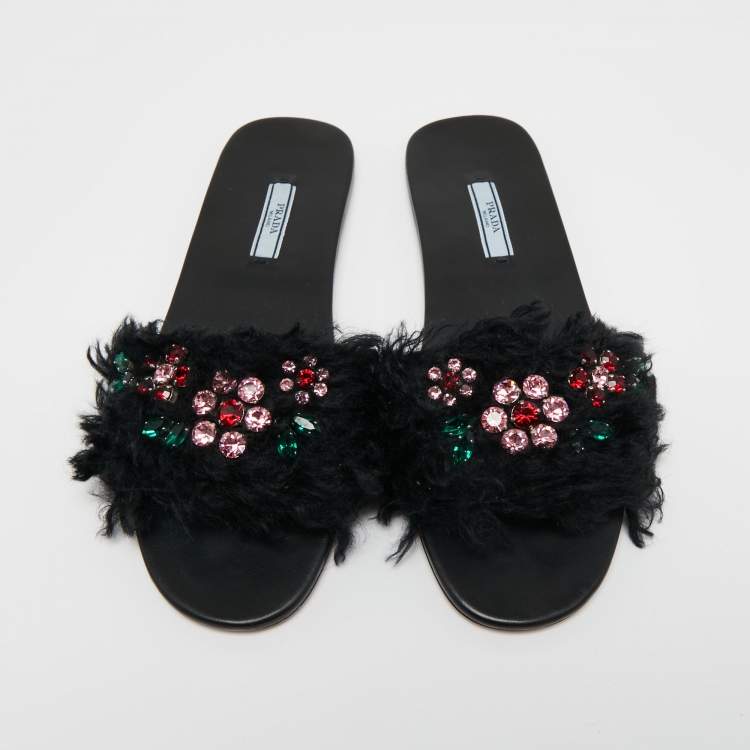 Pre Owned Prada Black Fur Crystal Embellished Flat Slides Size 40 