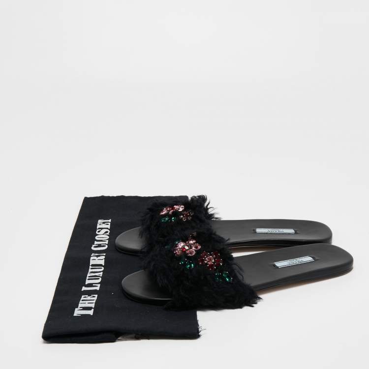 Pre Owned Prada Black Fur Crystal Embellished Flat Slides Size 40 