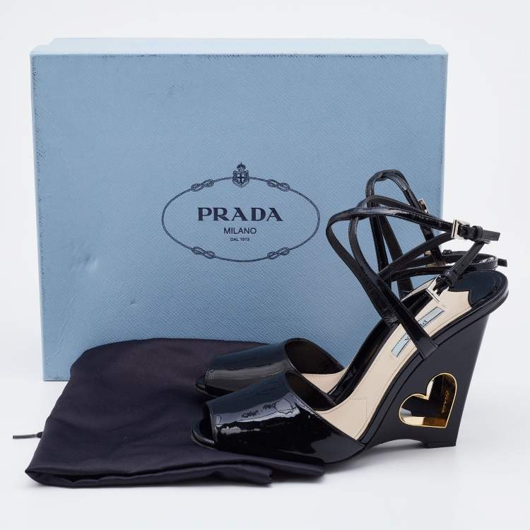 Pre Owned Prada Black Patent Leather Wedge Criss Cross Sandals Size 39