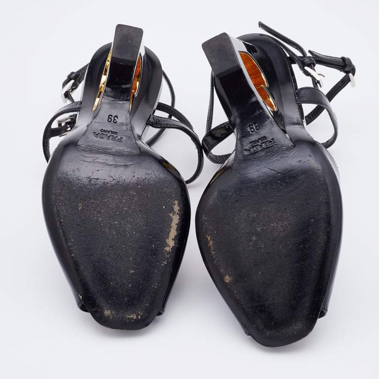 Pre Owned Prada Black Patent Leather Wedge Criss Cross Sandals Size 39