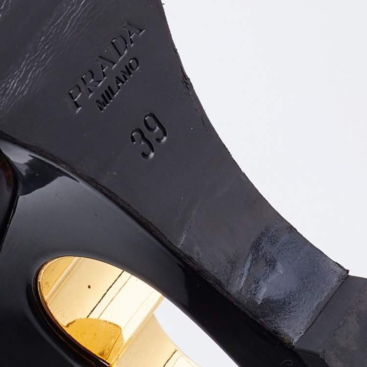 Pre Owned Prada Black Patent Leather Wedge Criss Cross Sandals Size 39