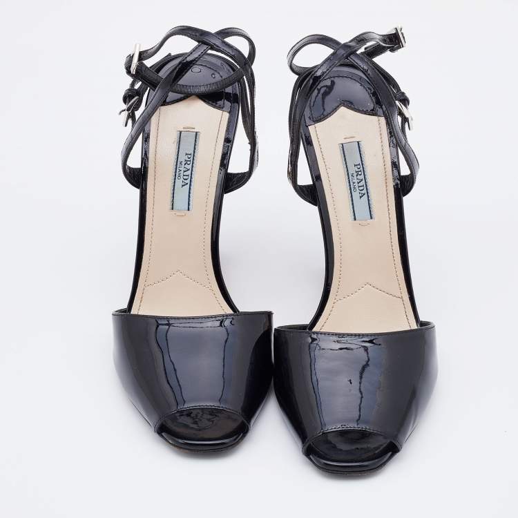 Pre Owned Prada Black Patent Leather Wedge Criss Cross Sandals Size 39