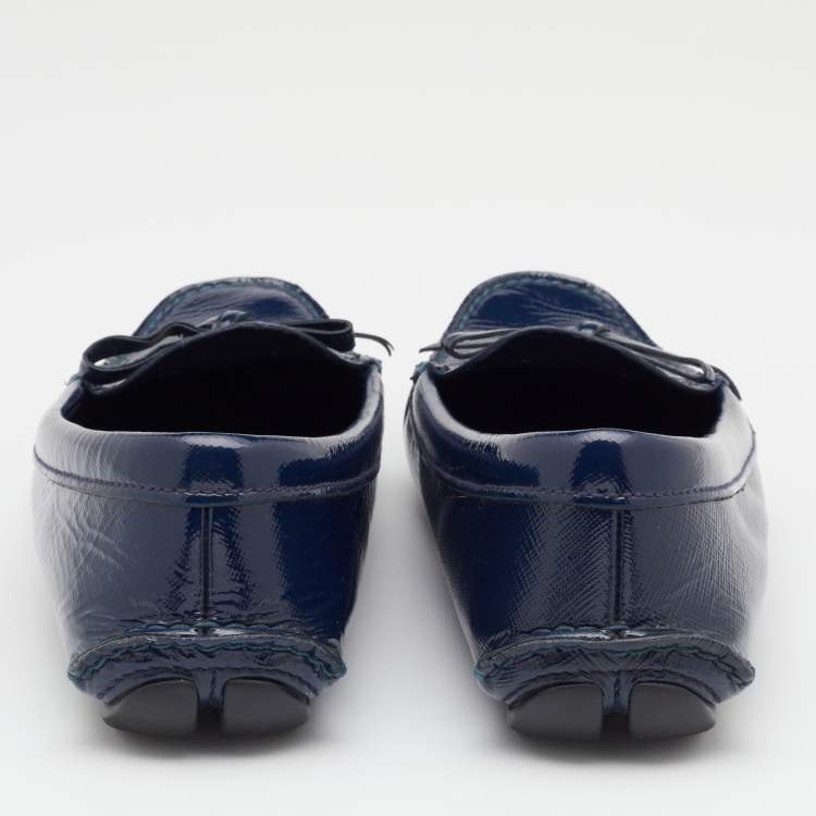 Pre Owned Prada Navy Blue Patent Leather Bow Slip On Loafers Size 38