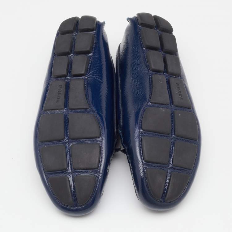 Pre Owned Prada Navy Blue Patent Leather Bow Slip On Loafers Size 38