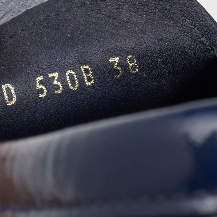 Pre Owned Prada Navy Blue Patent Leather Bow Slip On Loafers Size 38