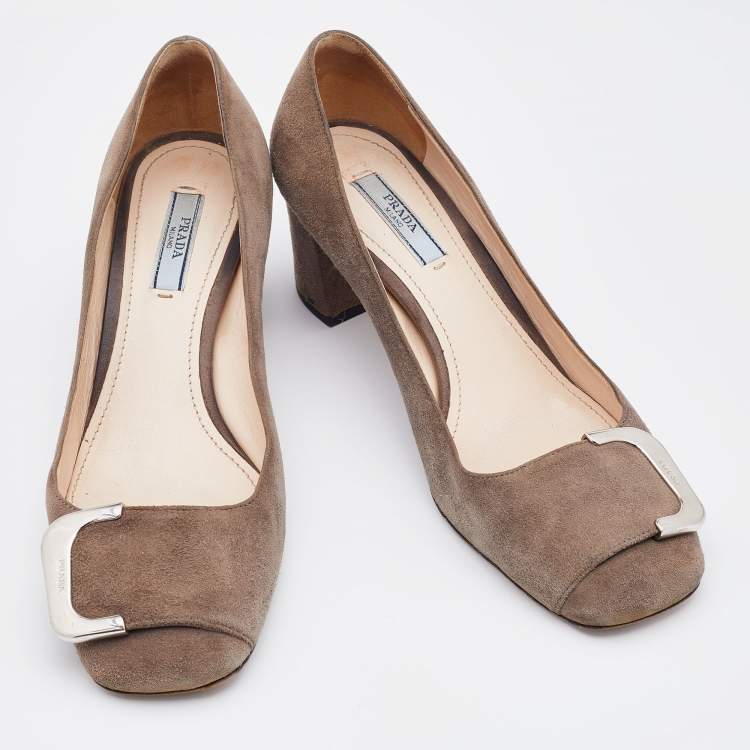 Pre Owned Prada Grey Suede Embellished Block Heel Pumps Size 36.5