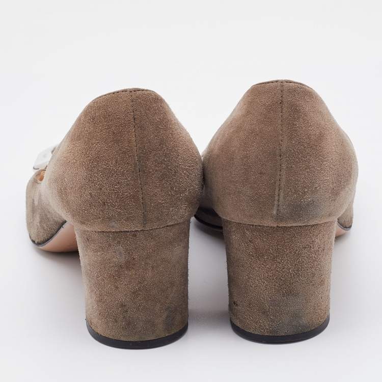 Pre Owned Prada Grey Suede Embellished Block Heel Pumps Size 36.5