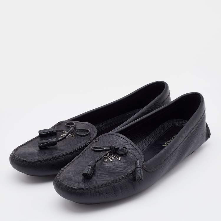 Pre Owned Prada Black Patent Leather Bow Slip On Loafers Size 39.5