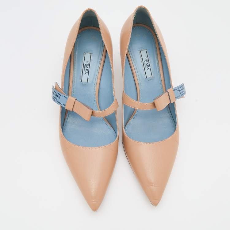 Pre Owned Prada Beige Leather Pointed Toe Mary Jane Bow Pumps Size 39.5
