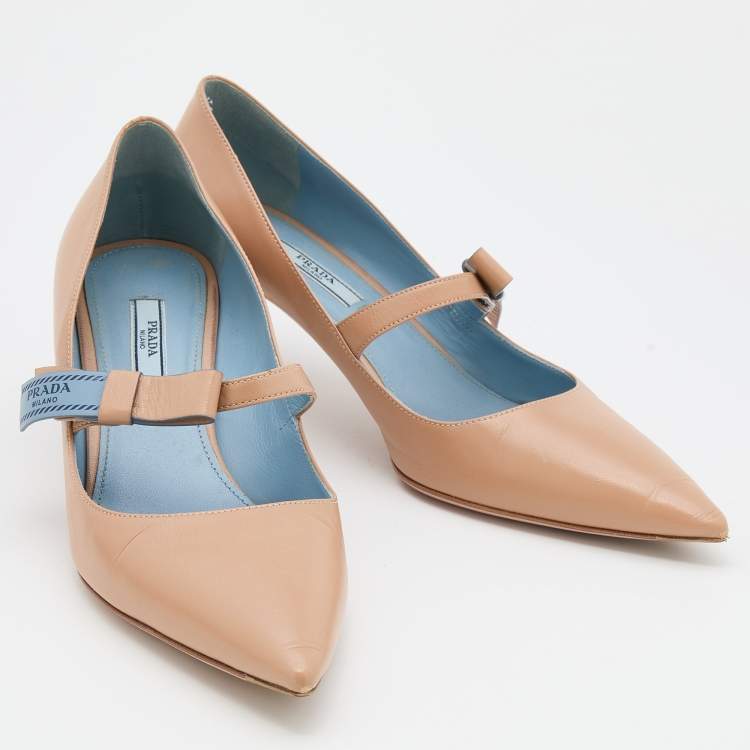 Pre Owned Prada Beige Leather Pointed Toe Mary Jane Bow Pumps Size 39.5