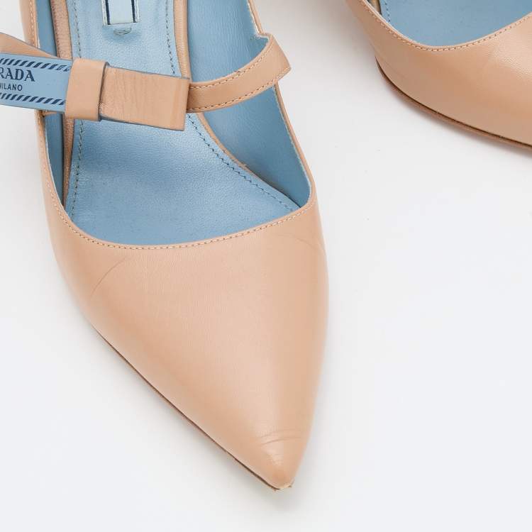 Pre Owned Prada Beige Leather Pointed Toe Mary Jane Bow Pumps Size 39.5