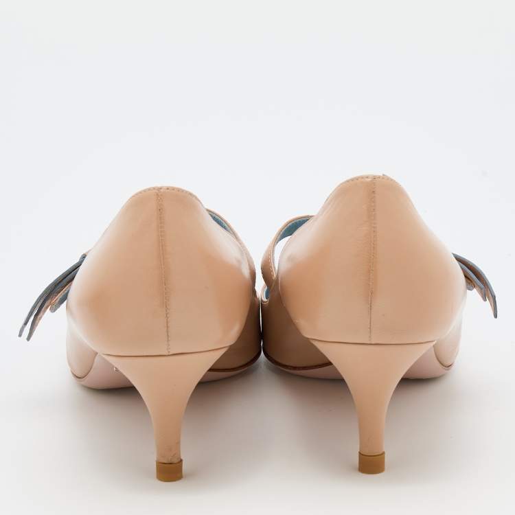 Pre Owned Prada Beige Leather Pointed Toe Mary Jane Bow Pumps Size 39.5