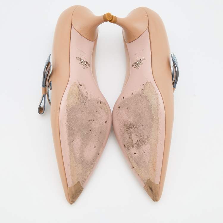 Pre Owned Prada Beige Leather Pointed Toe Mary Jane Bow Pumps Size 39.5