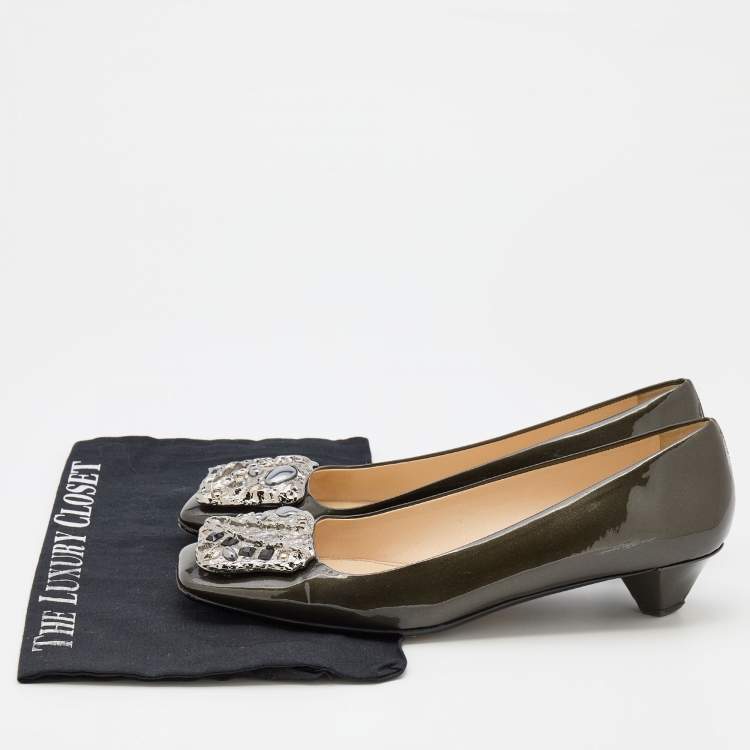 Pre Owned Prada Metallic Dark Grey Patent Leather Crystal Square Toe Pumps Size 38