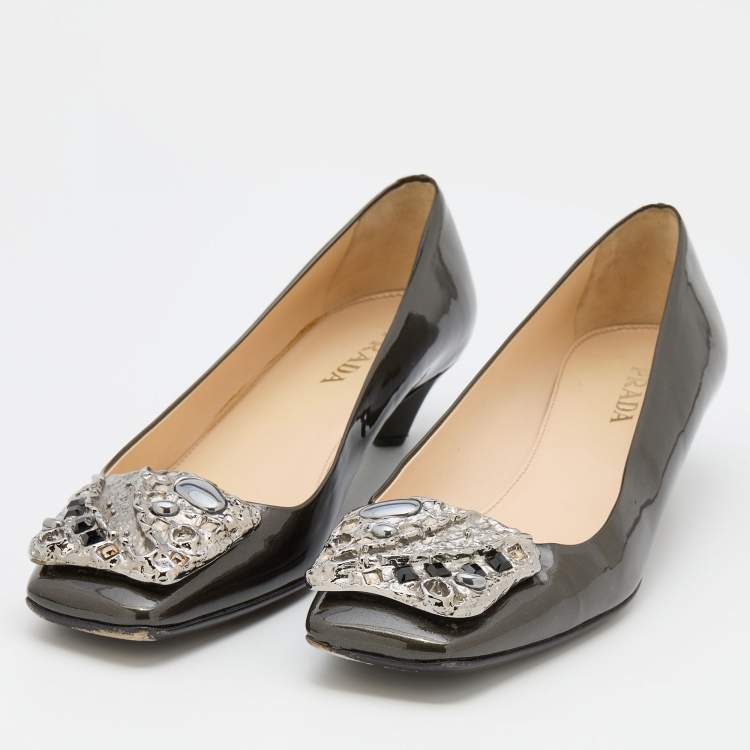 Pre Owned Prada Metallic Dark Grey Patent Leather Crystal Square Toe Pumps Size 38