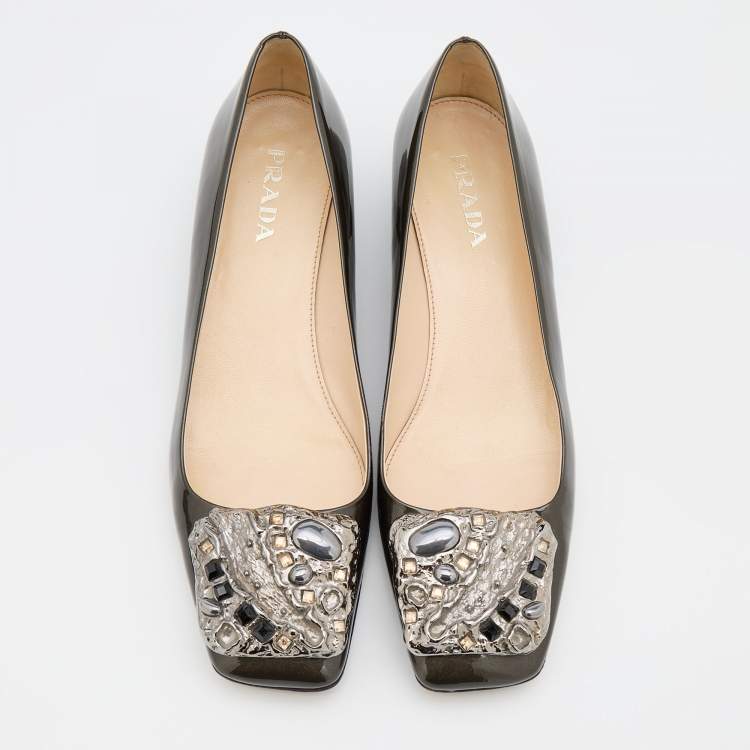 Pre Owned Prada Metallic Dark Grey Patent Leather Crystal Square Toe Pumps Size 38