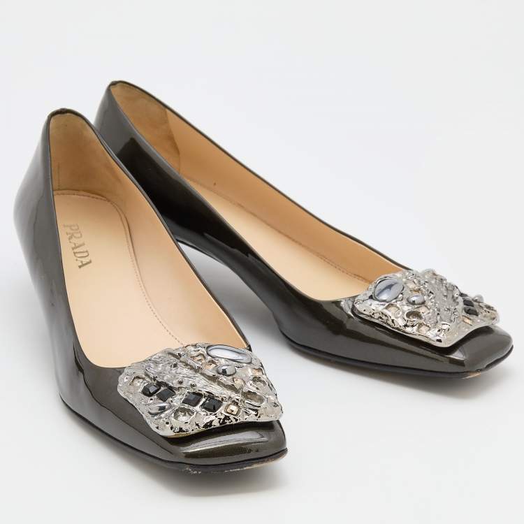 Pre Owned Prada Metallic Dark Grey Patent Leather Crystal Square Toe Pumps Size 38