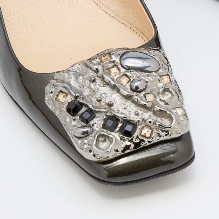 Pre Owned Prada Metallic Dark Grey Patent Leather Crystal Square Toe Pumps Size 38