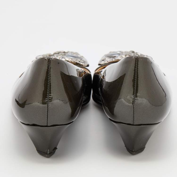 Pre Owned Prada Metallic Dark Grey Patent Leather Crystal Square Toe Pumps Size 38