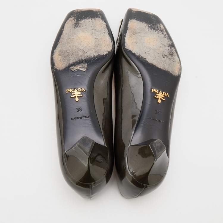 Pre Owned Prada Metallic Dark Grey Patent Leather Crystal Square Toe Pumps Size 38