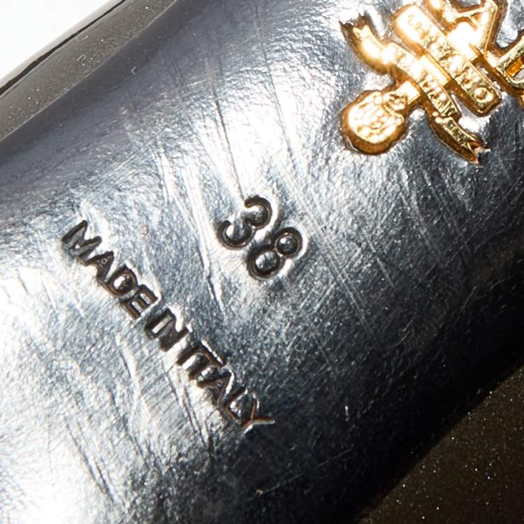 Pre Owned Prada Metallic Dark Grey Patent Leather Crystal Square Toe Pumps Size 38