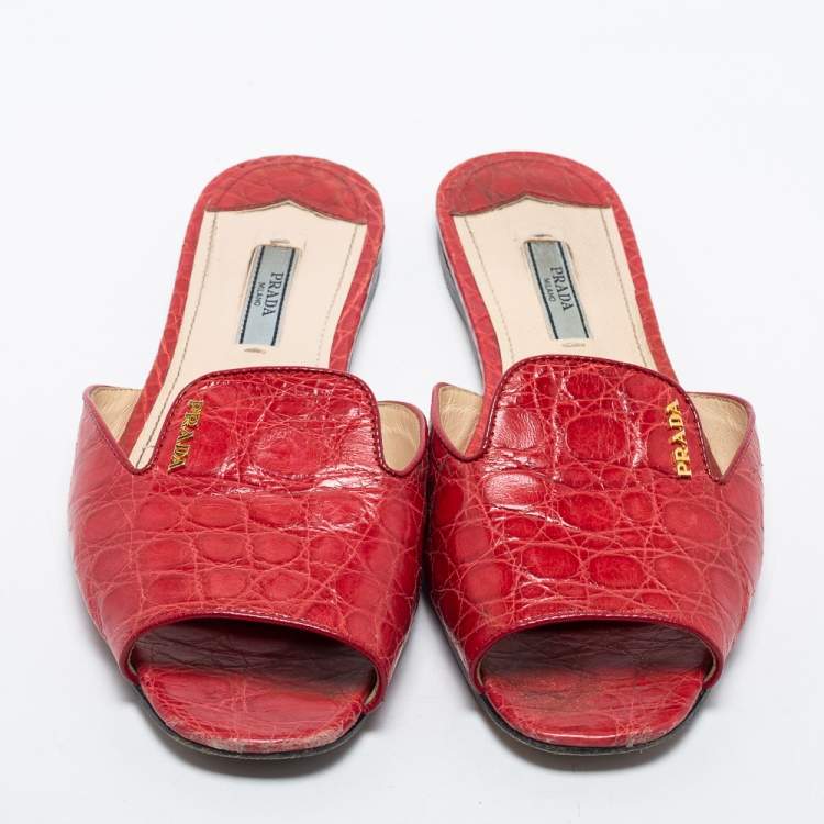 Pre Owned Prada Red Croc Embossed Leather Slides Size 38