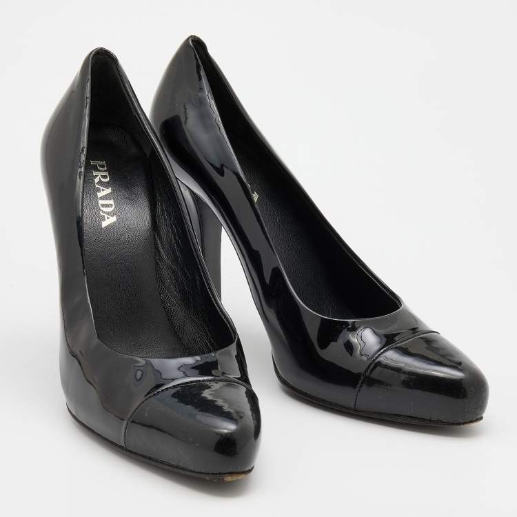 Pre Owned Prada Black Patent Leather Cap Toe Pumps Size 36.5