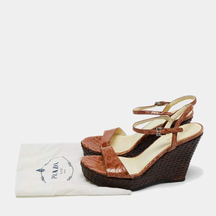 Pre Owned Prada Brown Croc Embossed Leather Wedge Ankle Strap  Sandals Size 39