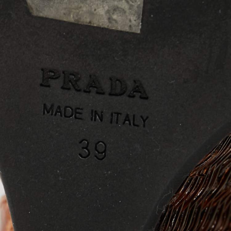 Pre Owned Prada Brown Croc Embossed Leather Wedge Ankle Strap  Sandals Size 39