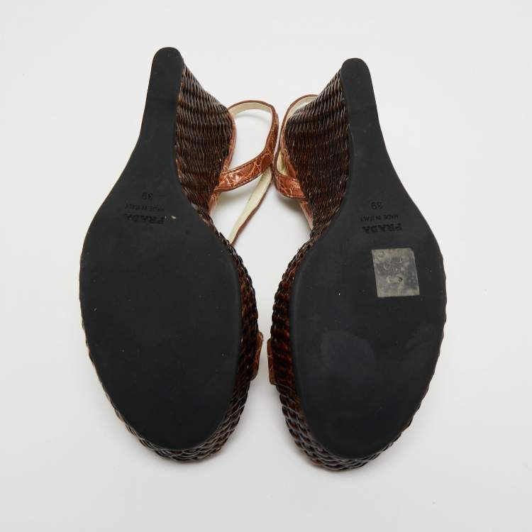 Pre Owned Prada Brown Croc Embossed Leather Wedge Ankle Strap  Sandals Size 39