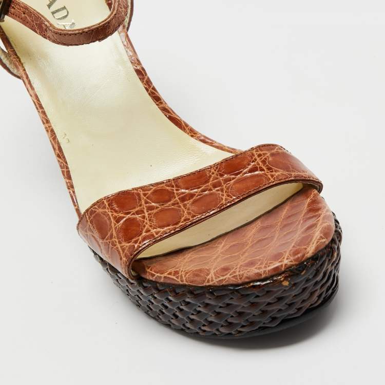 Pre Owned Prada Brown Croc Embossed Leather Wedge Ankle Strap  Sandals Size 39