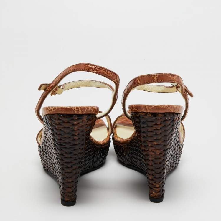 Pre Owned Prada Brown Croc Embossed Leather Wedge Ankle Strap  Sandals Size 39