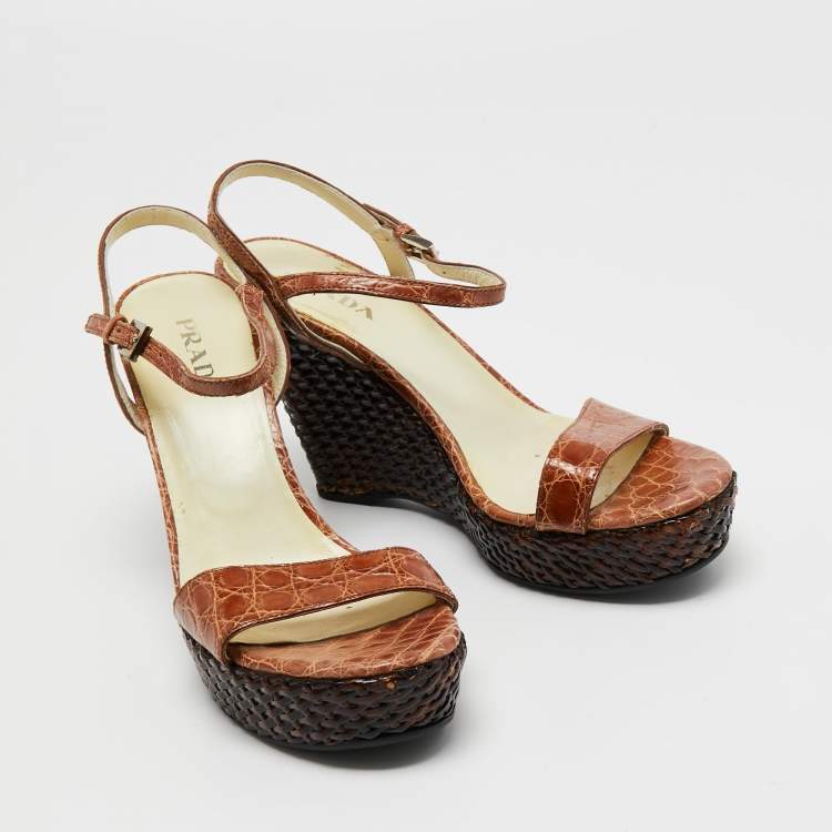 Pre Owned Prada Brown Croc Embossed Leather Wedge Ankle Strap  Sandals Size 39