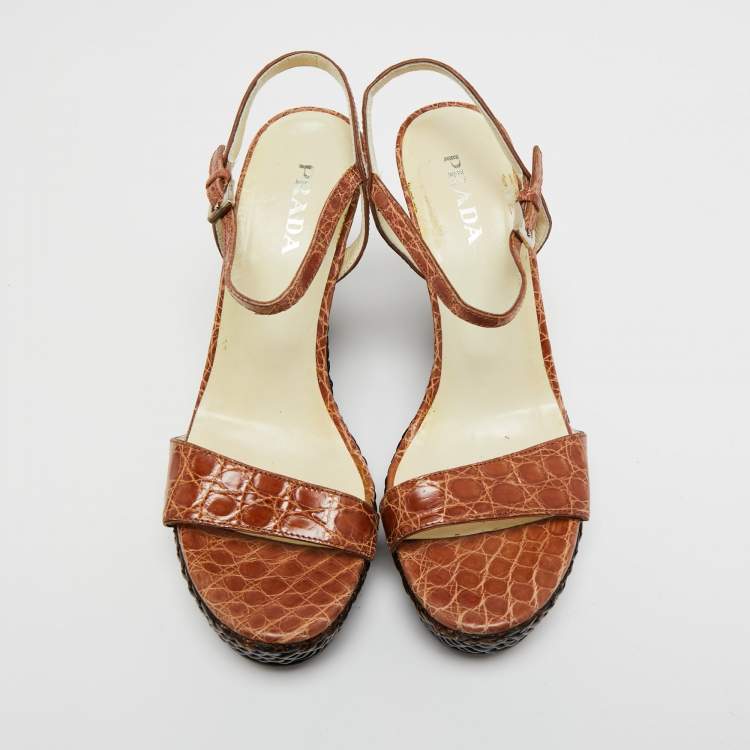 Pre Owned Prada Brown Croc Embossed Leather Wedge Ankle Strap  Sandals Size 39