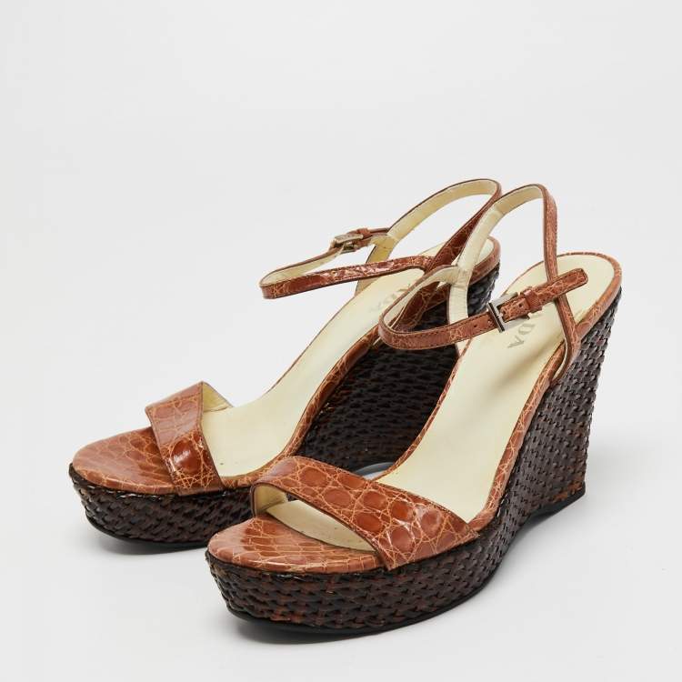 Pre Owned Prada Brown Croc Embossed Leather Wedge Ankle Strap  Sandals Size 39