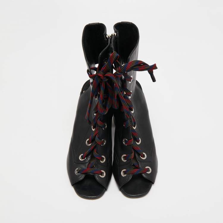 Pre Owned Prada Black Leather Cut Out Lace Up Open Toe Block Heel Ankle Boots Size 37.5