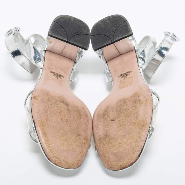 Pre Owned Prada Silver Leather and PVC Ankle Strap Block Heel Sandals Size 39.5