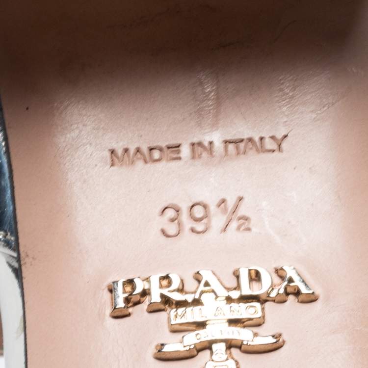 Pre Owned Prada Silver Leather and PVC Ankle Strap Block Heel Sandals Size 39.5