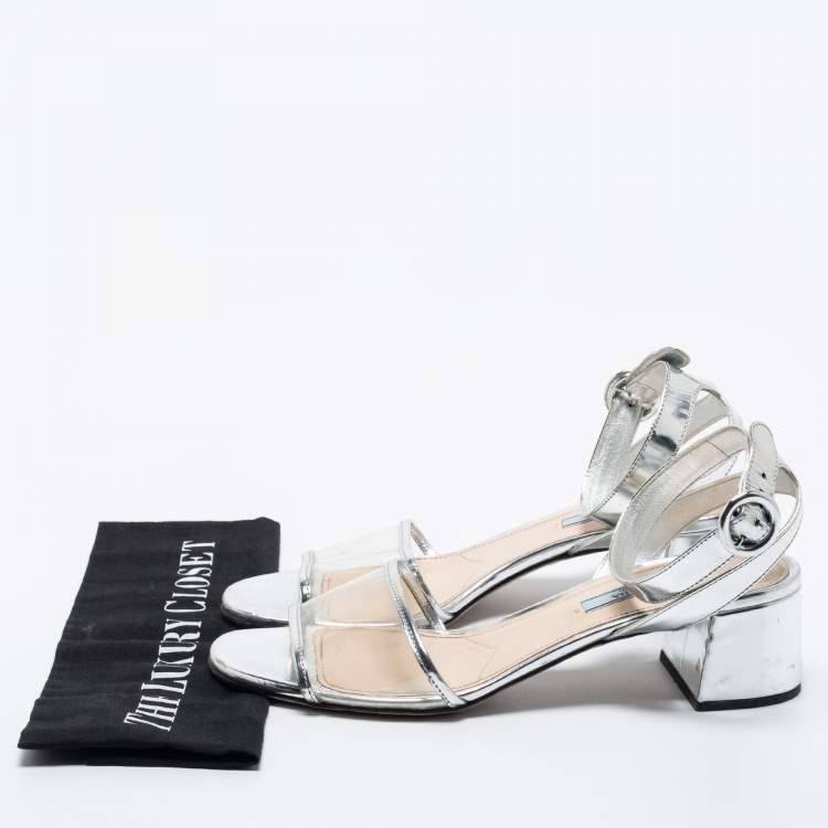 Pre Owned Prada Silver Leather and PVC Ankle Strap Block Heel Sandals Size 39.5