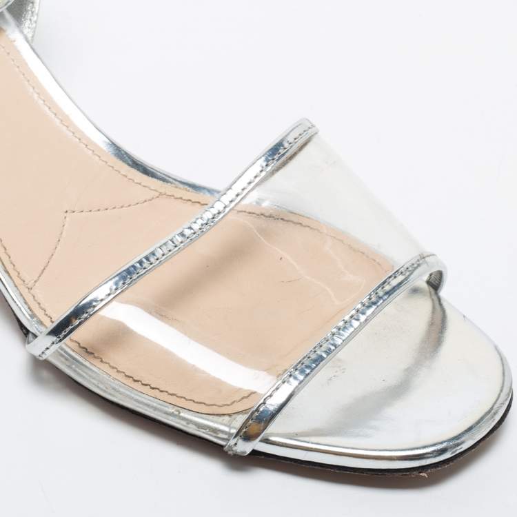Pre Owned Prada Silver Leather and PVC Ankle Strap Block Heel Sandals Size 39.5