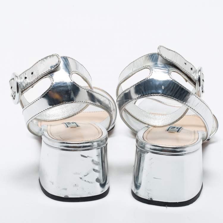 Pre Owned Prada Silver Leather and PVC Ankle Strap Block Heel Sandals Size 39.5