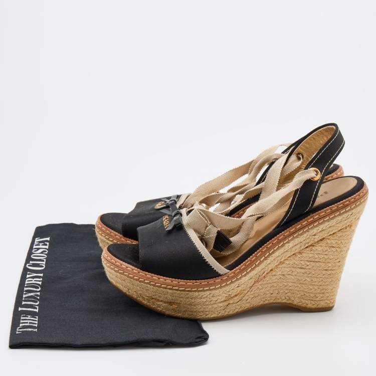 Pre Owned Prada Black Satin and Fabric Espadrille Platform Wedge Sandals Size 39.5