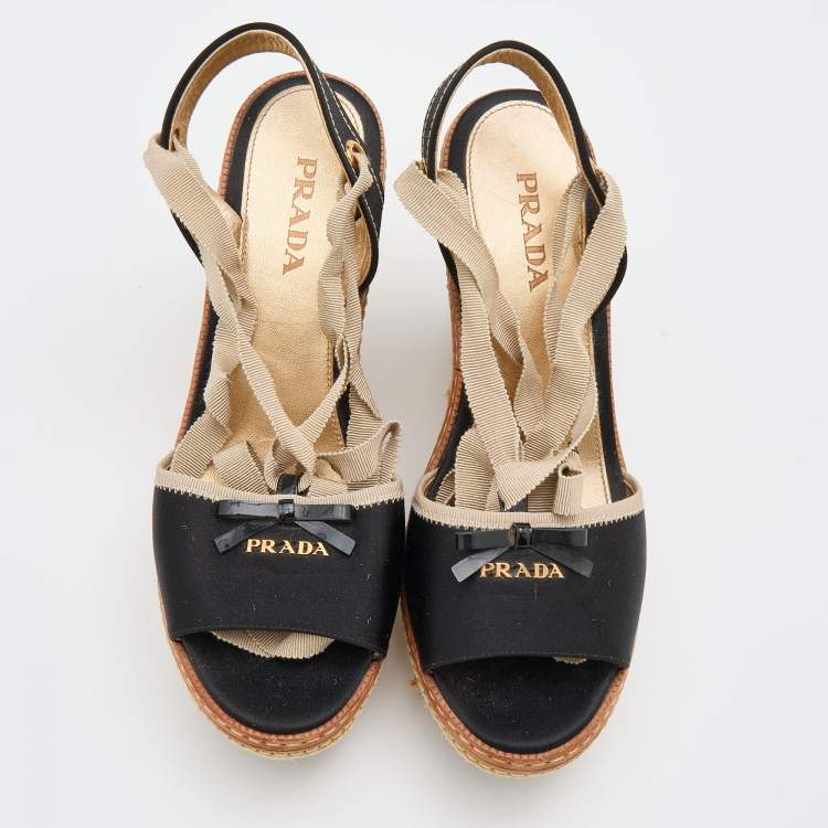 Pre Owned Prada Black Satin and Fabric Espadrille Platform Wedge Sandals Size 39.5