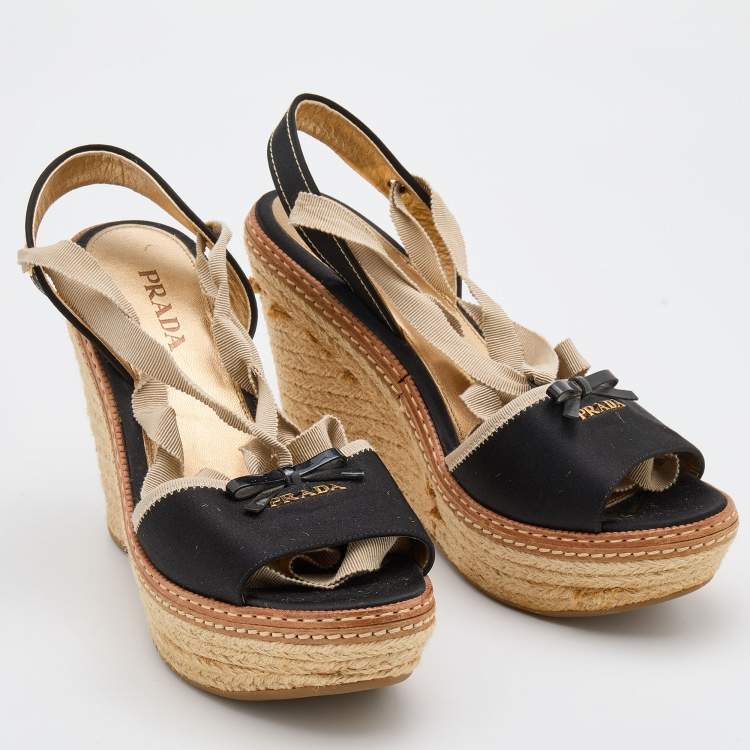 Pre Owned Prada Black Satin and Fabric Espadrille Platform Wedge Sandals Size 39.5