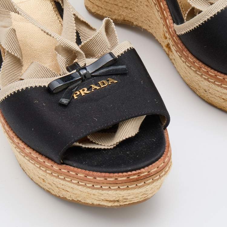 Pre Owned Prada Black Satin and Fabric Espadrille Platform Wedge Sandals Size 39.5