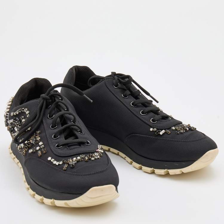 Pre Owned Prada Black Fabric Crystal Embellished Low Top Sneakers Size 38